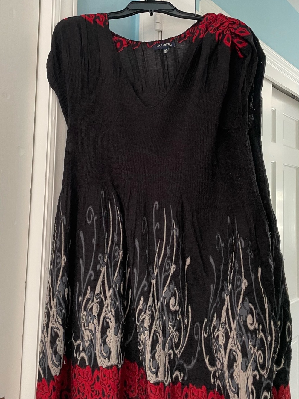Max Edition Black Dress with Red and White Embroidered Hem